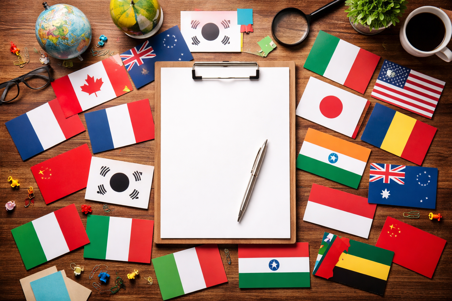 International country flags surrounding a blank statement of purpose document with pen on desk